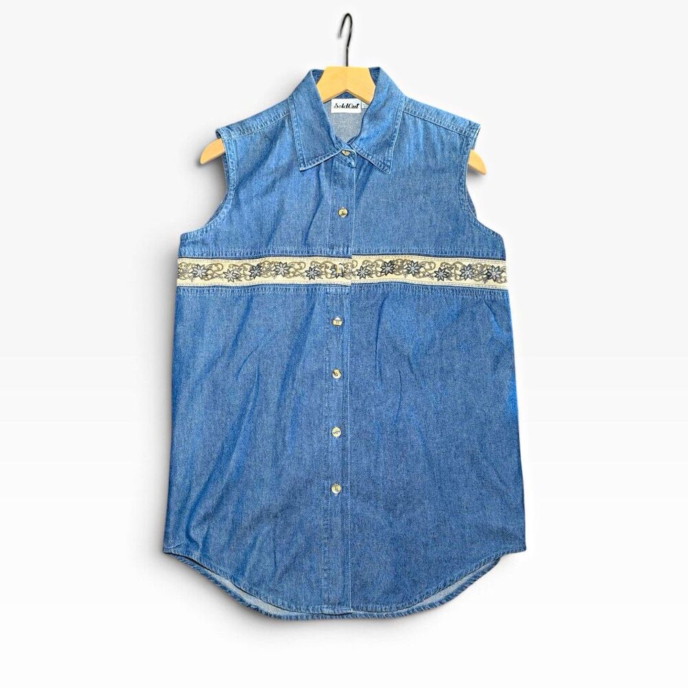 Vintage SoldOut Denim Button-Up Top Women’s M Blue Floral Western Farmhouse